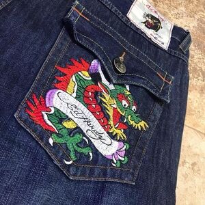 Y2K Ed Hardy Blue Relaxed Jeans with Dragon Embroidery